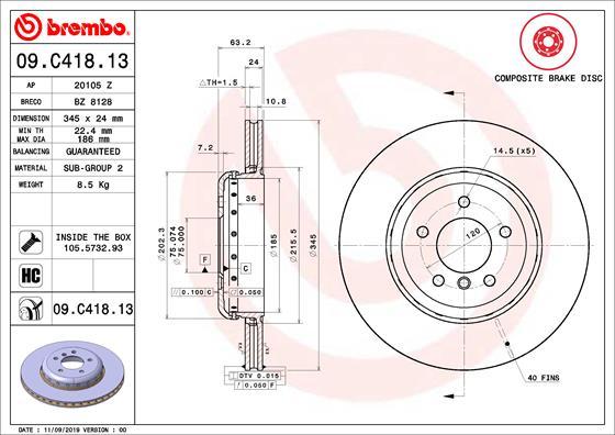 Brembo 09C41813 - BREMŽU DISKS 09