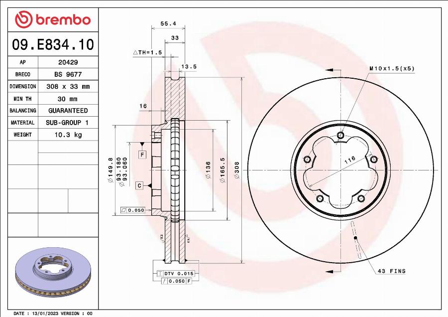 Brembo 09E83410 - BREMŽU DISKS 09