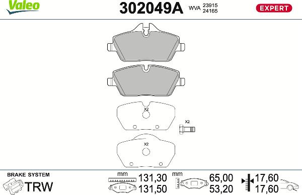 VALEO 302049A - Bremžu uzliku kompl