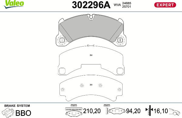 VALEO 302296A - Bremžu uzliku kompl